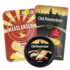Maaslander kaasplakken 50+ (jong of jong belegen)
of Old Amsterdam (crème, borrelblokjes, geraspt,)
(35+ of 48+ kaasplakken pakj
